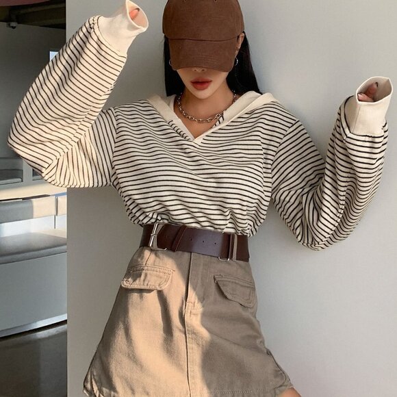 Casual Striped Drop Shoulder Sweatshirt Preppy - Picture 2 of 5